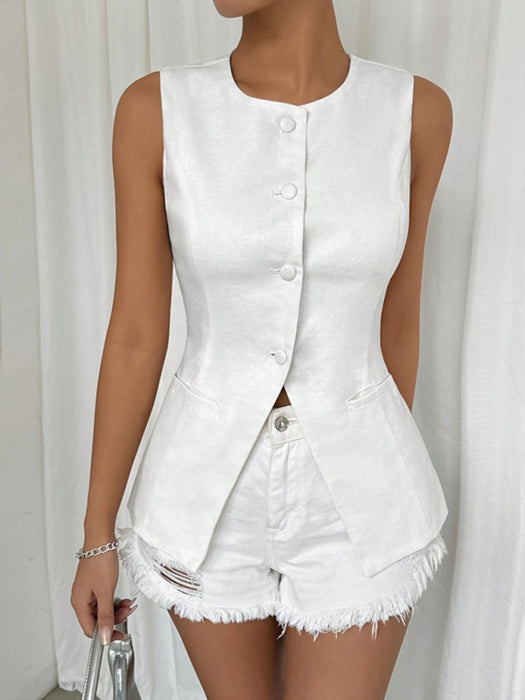 Sleeveless Button Round Neck Elegant Vest Top