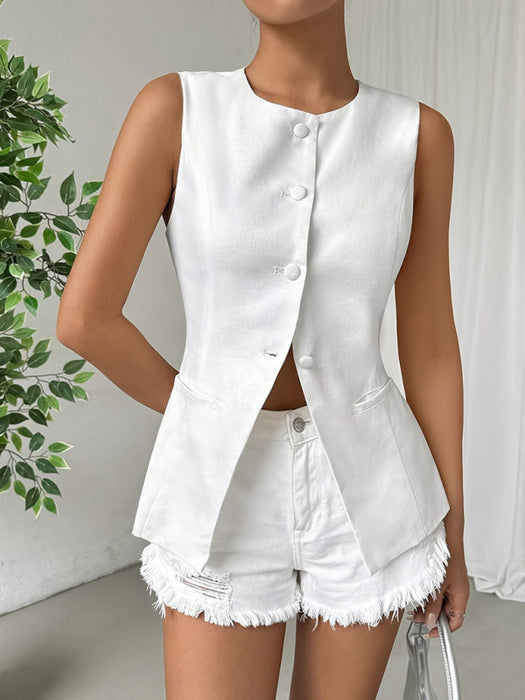 Sleeveless Button Round Neck Elegant Vest Top