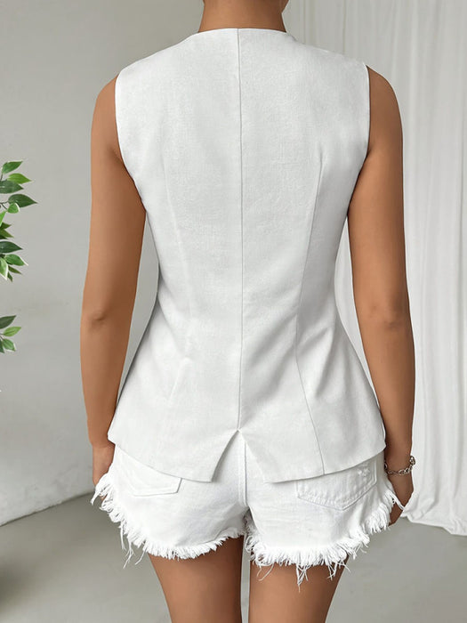 Sleeveless Button Round Neck Elegant Vest Top