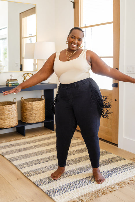 Side Fringe Skinny Jegging In Black