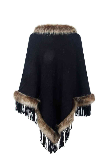Stylish poncho features faux fur trim