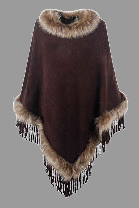 Stylish poncho features faux fur trim