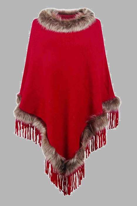 Stylish poncho features faux fur trim