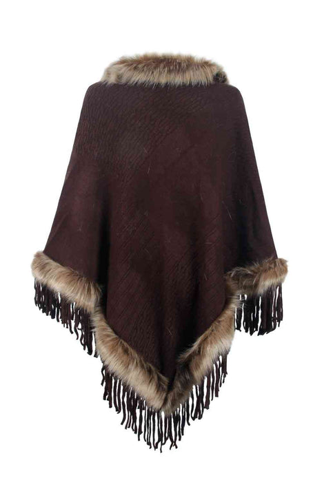 Stylish poncho features faux fur trim