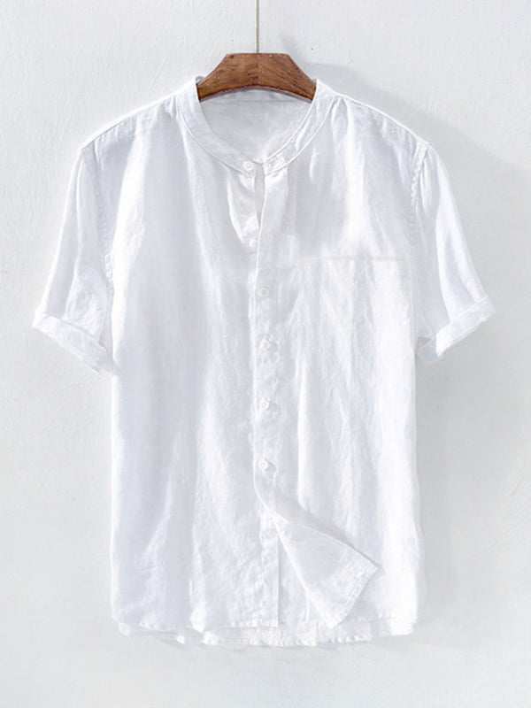 Casual Elegance: Men's Solid Cotton Linen Short Sleeve Shirts Collection