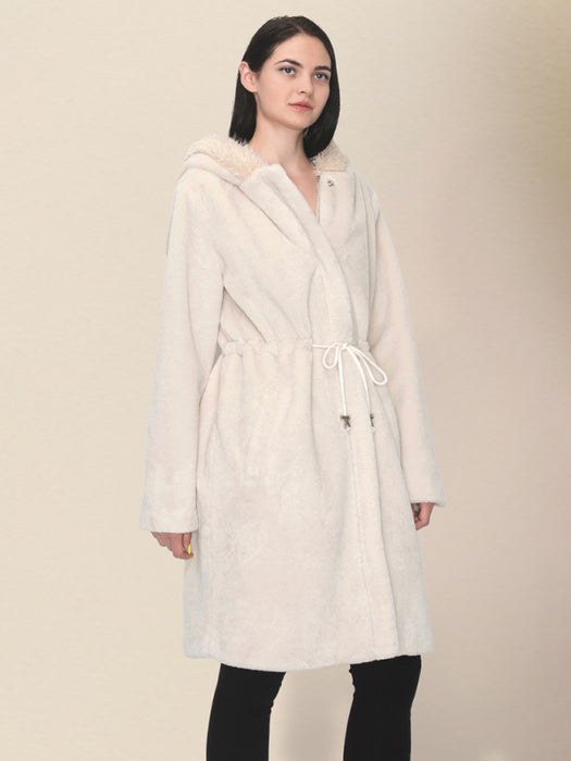 Women's loose hooded waist long plush coat