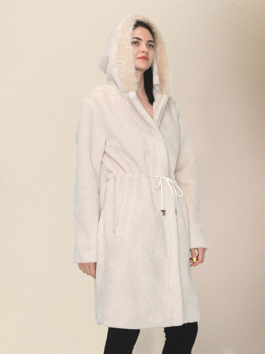 Women's loose hooded waist long plush coat
